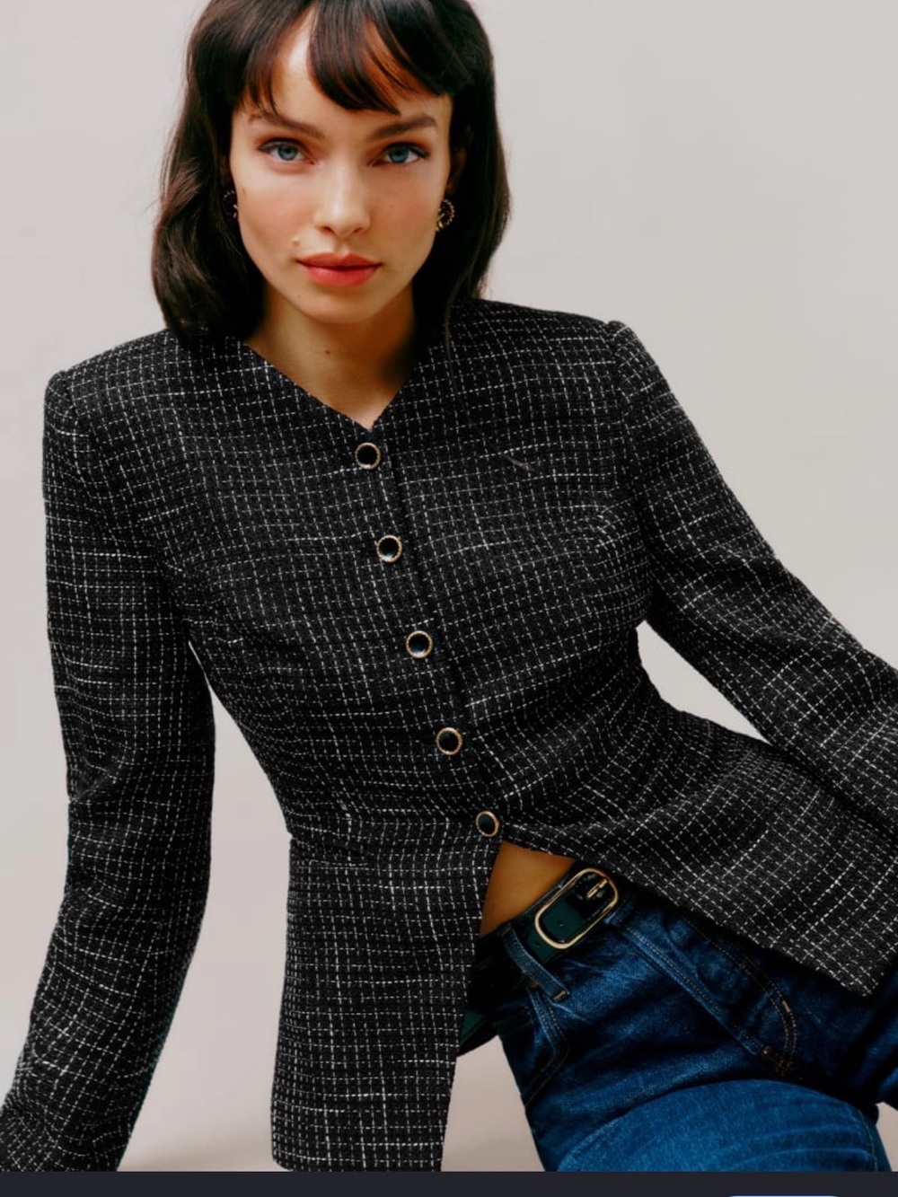 Reformation Terra Black Tweed Button-Front Blazer
